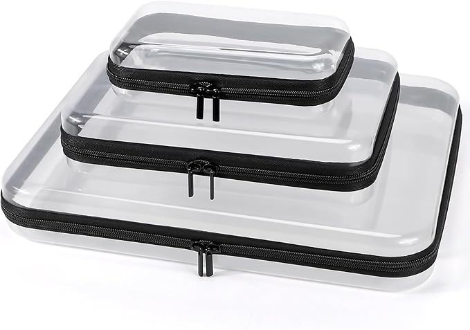 YOPCDJ 3 Pack Clear Hard Shell Zipper Case, Clear Zipper Pouches Waterproof Makeup Organizer & Travel Toiletry Bag, Plastic Pouch for Travel Office Storage, Black,3 Pack, LMS