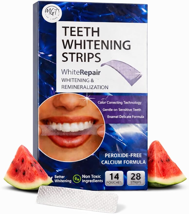 Teeth Whitening Strips, Watermelon Flavor Inspired, Comfort Fit Adhesive, Fresh Taste, 28 Strips in 14 Sealed Pouches, at Home Smile Brightening Routine