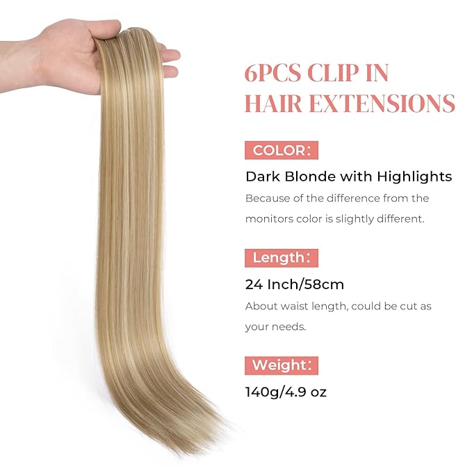LONAI Clip in hair extensions 6PCS Straight 24" Hair Extensions for Women，Heat Resistant Synthetic Hairpiece-Dark Blonde with Highlights