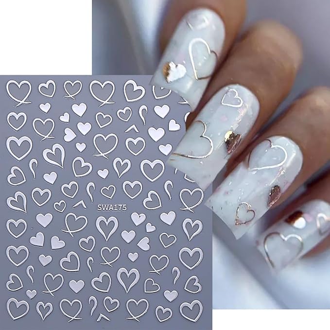 Heart Nail Stickers for Nail Art 3D Self-Adhesive Gold Silver Red Hearts Nail Decals Valentine Heart Nails Art Sticker Holiday DIY Manicure Decoration Accessories for Women 6 Sheets