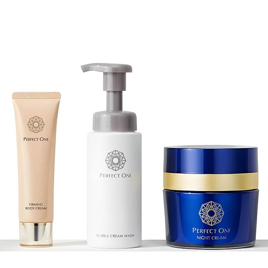 PERFECT ONE Luxury Japanese Skincare Trio Set: Night Cream, Bubble Face Wash, Body Cream | Face Moisturizing Night Cream + Facial Cleanser for Hydration, Firmness & Radiance | Bubble Cleanser Set for