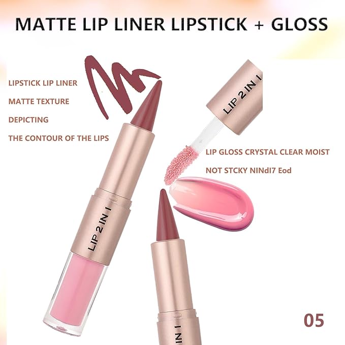 Lip Liner Gloss Lip Combo Sets Kit,Nude Brown Lip Liner and Liquid Lipstick Set, lip combo sets for black women, High Pigmented Long Lasting Plumping Lipgloss Waterproof Lip Combo (#5)