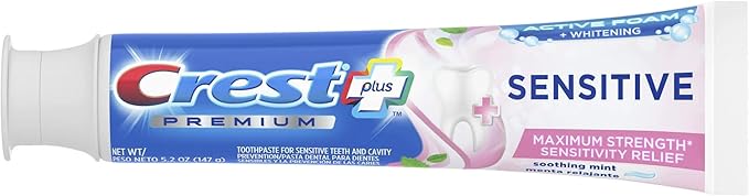 Crest Premium Plus Sensitive Toothpaste with Active Foam Whitening, Soothing Mint Flavor, 7oz (Pack of 2)
