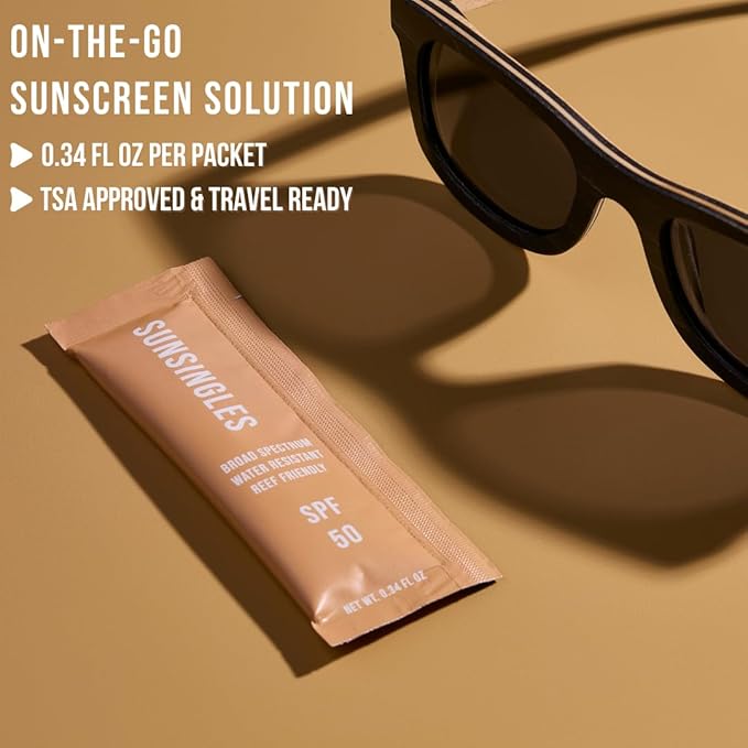 SunsinglesTravel Size Sunscreen, Waterproof/Sweat Proof SPF 50 Protection Fragrance-Free Lotion, PABA-Free Mini Sunscreen For Face, Reef Safe Sunscreen, Single Use Packets 0.34 Fl Oz