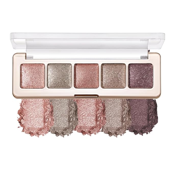 High Pigment Glitter Shimmer Eyeshadow Palette–Sparkly Metallic Eye Makeup in Rose Quartz, Silver Champagne, Coral Pink, Taupe Gold&Plum Silver Shades, Long-Lasting Festival Party Eye Glitter Palette