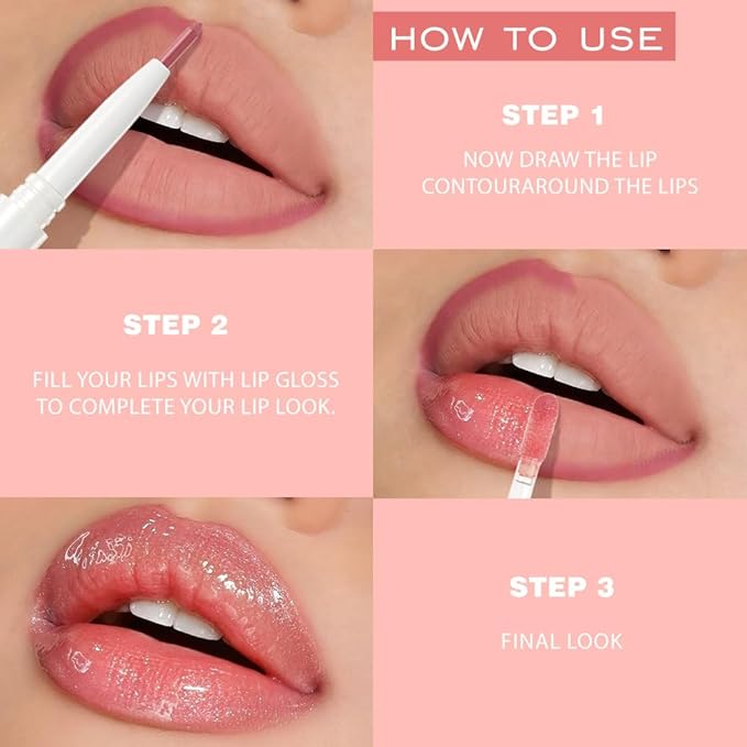 BINGBRUSH 2PCS Lip Gloss Set, Glitter 2-in-1 Lip Liner & Gloss Combo, Hydrating Lip Plumper Lifter, Easy-to-Apply Lip Tint for Daily, Work & Party, Women's Makeup