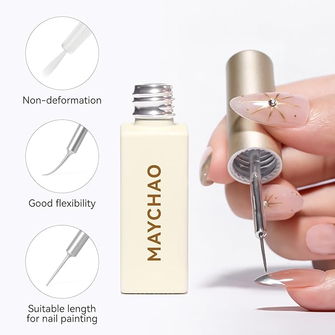 MAYCHAO 2pcs Metallic Silver Bronze Gold Gel Liner Nail Art Polish Set Mirror Chrome 3D Effect Gel Metal Painted Drawing Liner Polish w/Thin Brush, UV Light Cure for DIY French Manicure at Home Salon