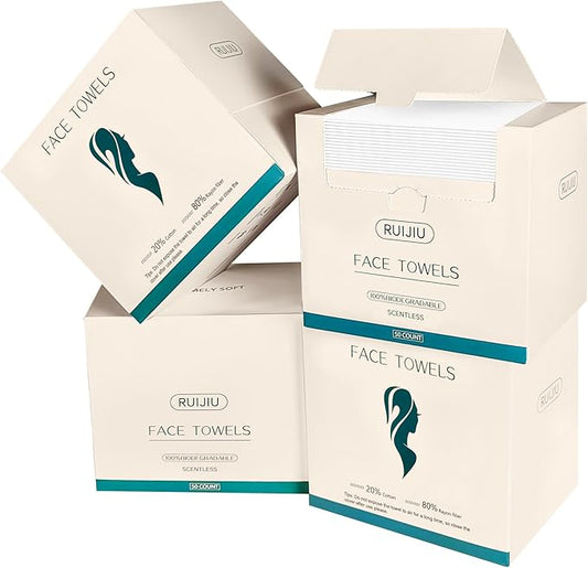200 Count 4 PACK Disposable Face Towel, Large Size 10"X 12", Disposable Face Cloths, 100% Biodegradable Towel, Skin Soft and Thick for Washing Face
