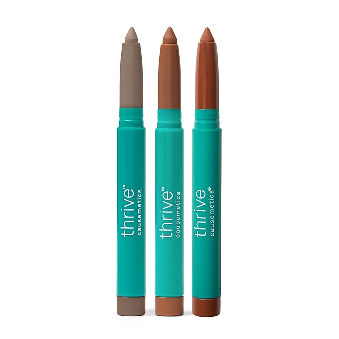 Thrive Causemetics Brilliant Eye Brightener Matte Classic Eyeshadow Stick Bundle, 3 Shades, Waterproof & Crease Proof Cream to Powder Long Lasting Formula, 3 Shadow Sticks & Confetti Makeup Bag