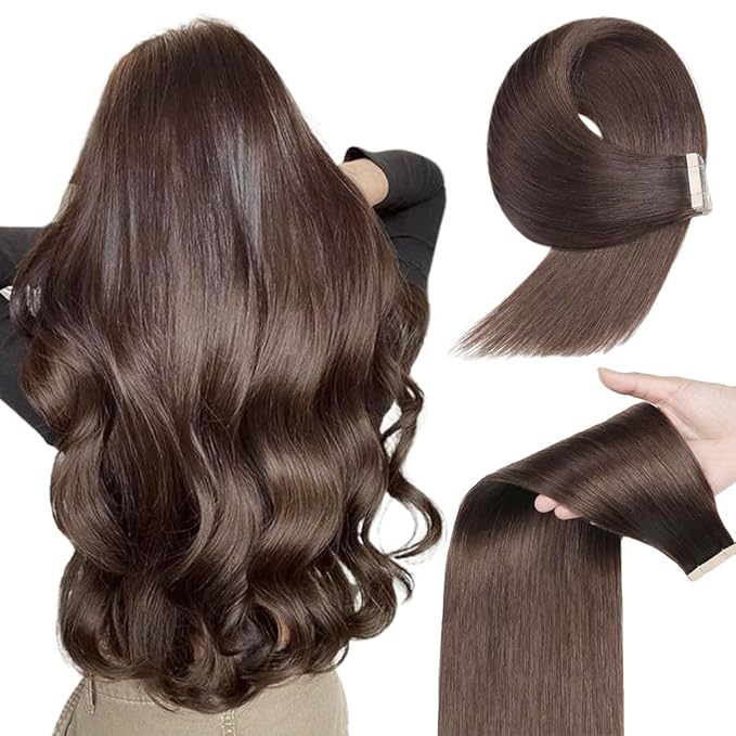 Tape in Hair Extensions Real Human Hair 24 Inch Darkest Brown Double Sided Tape for Skin Weft Hair Extension Invisible Tape in Hair Extensions Straight Remy Human Hair for Women 20pcs (2#,24 Inch)