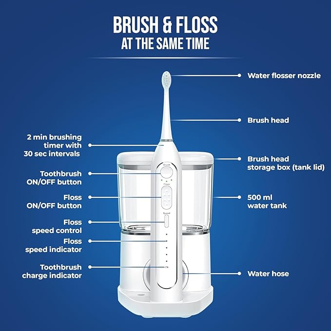 Optum Duo Flossing Toothbrush Rechargeable Electric Toothbrush with Water Flosser - Portable Water Pick Toothbrush Combo Cordless Sonic Electric Toothbrush and Water Flosser - White