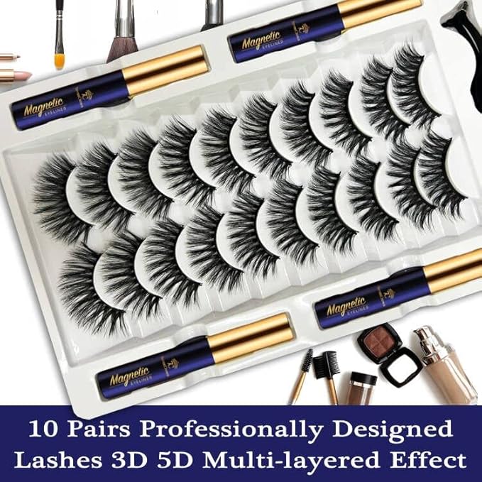 3D Magnetic Eyelashes and Eyeliner Kit - 10 Pairs Reusable Magnetic Lashes Natural Look, Upgraded Long-Lasting 4 Tube Waterproof Liner with Application - Cruelty Free,Easy