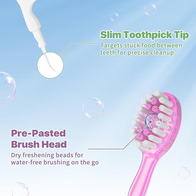 5-in-1 Disposable Toothbrush with Toothpaste (24 Pack), Individually Wrapped Mini Travel Toothbrush, Soft Bristles, Dental Floss, Toothpick & Tongue Scraper, No Water Needed, 4 Flavors