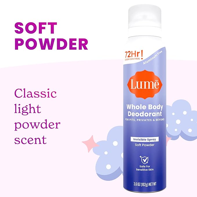 Lume Invisible Spray Deodorant For Women Two Pack - Full Size & Mini Whole Body Deodorant Spray - 72 Hr Odor Control - Aluminum & Baking Soda Free - 2 Piece Bundle - 3.6 oz & 1.0 oz (Soft Powder)