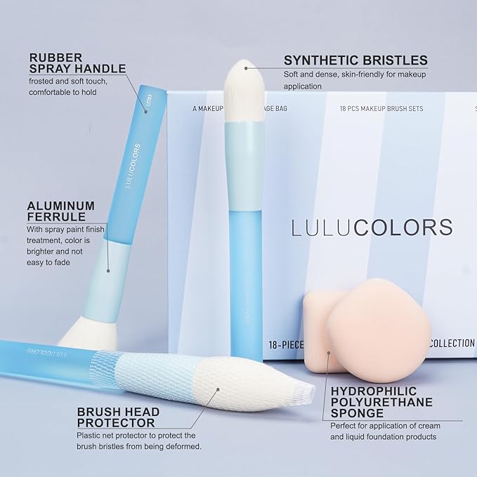 LULUCOLORS 18-Piece Light Blue Professional Makeup Brush Set – Translucent Rubberized Handles, Soft Synthetic Bristles for Face & Eye Makeup – Includes Travel Bag & Sponges,Complete Brush Collection