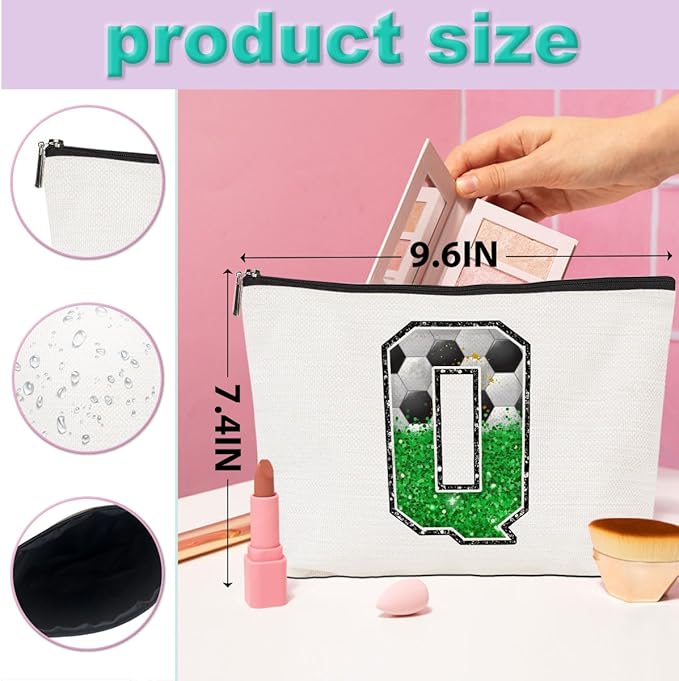 CQM Soccer Gifts Initial Makeup Bag Monogrammed Cosmetic Bag Letter Q Zipper Pouch Soccer Accessories for Girls Women Player Coaches Friend Stuff Graduation Birthday Gifts