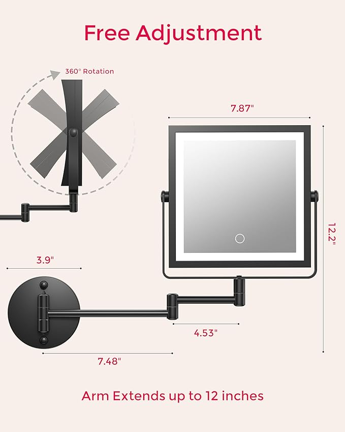 Rechargeable Wall Mounted Makeup Mirror with Lights, 4000mAh Double Sided 1X/10X Magnifying Vanity Mirror with 3 Color Lights, Touch Dimmable, 360° Extension Foldable Arm (Matte Black)
