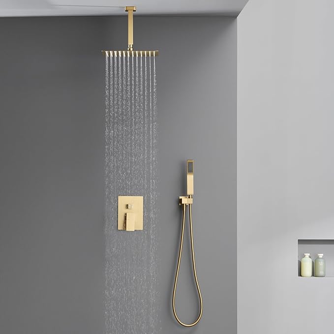 Artiqua Shower System 12 Inches Rain Shower Combo Set Brushed Gold Ceiling Mount Shower Faucet Bathroom Faucets with Rainfall Shower Head and Hand Shower
