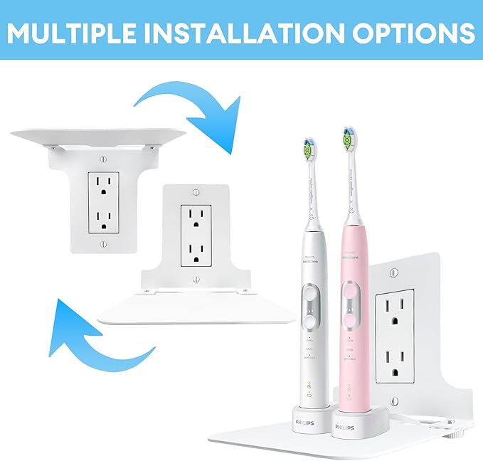 Metal Outlet Shelf Wall Holder for Decora (Standard Rectangle) Outlets - Bathroom & Kitchen Organizer with Cord Storage,Quick Install for Echo Dot Smart Home Toothbrush Holder Smart Speaker Cell Phone