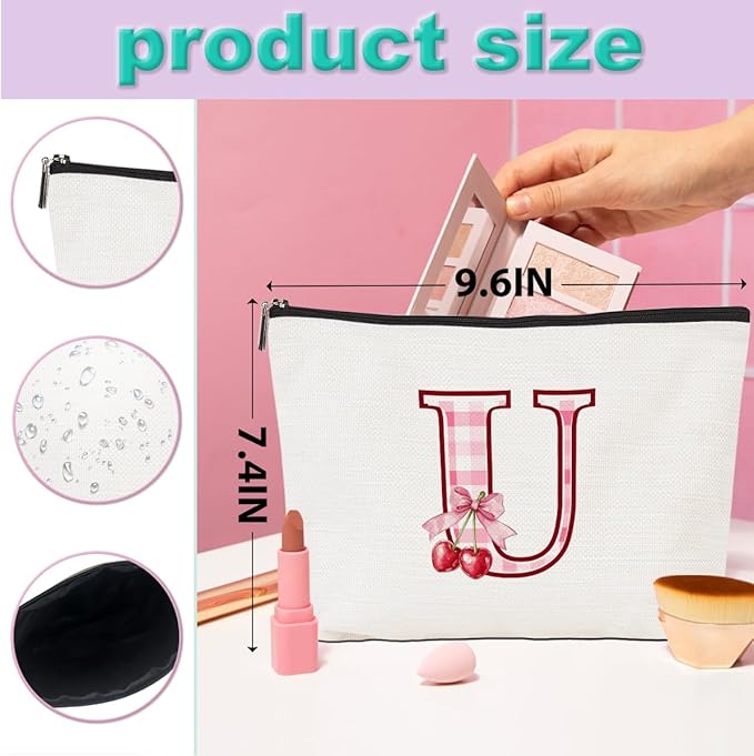 CQM Initial Makeup Bag Monogram Cosmetic Bag Monogrammed Gifts for Women Girls Friends Coworker Teacher Personalized Travel Toiletry Bag Christmas Bridal Shower Wedding Bridesmaid Gifts, Cherry U