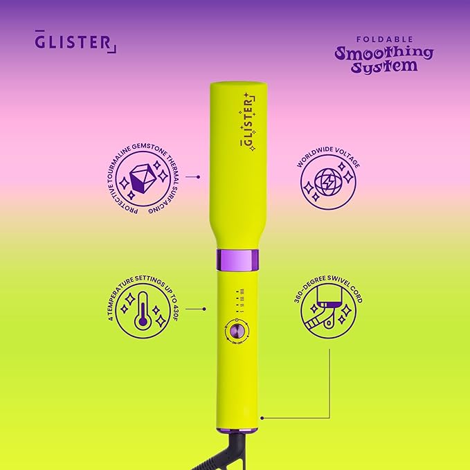 Glister Folding Hair Straightener Brush, Hair Brush for Hair Straightening, Volumizer, Fringe Curler, Hair Styling Comb with Adjustable Temperature - Lime Burst (Yellow)