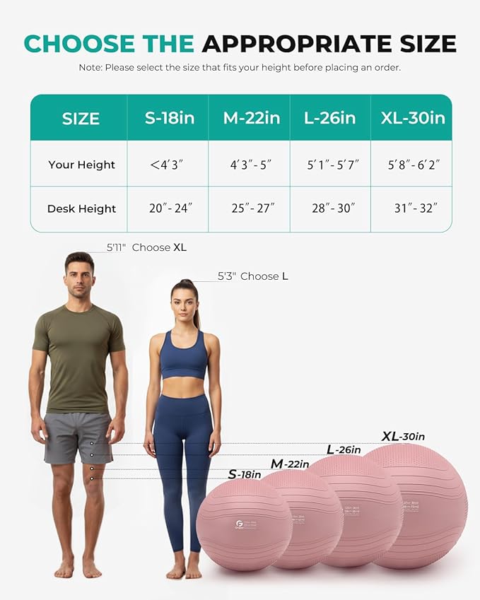 Gruper Yoga Ball, Extra Thick Exercise Ball for Workout Pregnancy Stability - 4 Sizes Anti Burst Balance Ball for Yoga, Pilates, Fitness, Birthing, Physical Therapy - Includes Pump