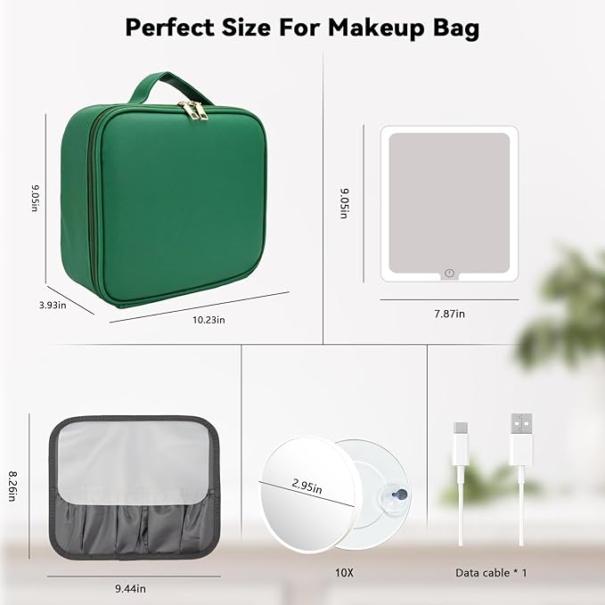 SLUMAZI Travel Makeup Bag with LED Mirror and 10x magnifying glass with 3 Lighted Settings, Adjustable Dividers and Makeup Brush Storage Bag Dark Green