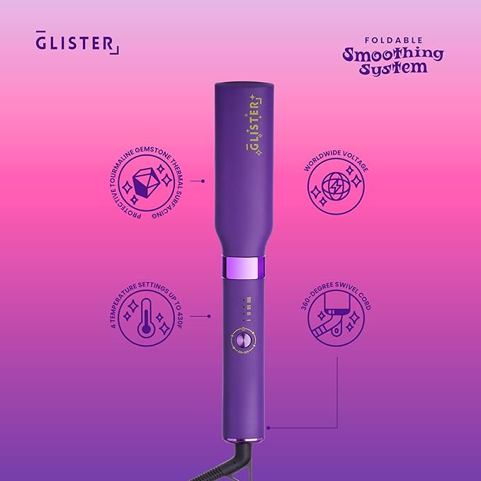 Glister Folding Hair Straightener Brush, Hair Brush for Hair Straightening, Volumizer, Fringe Curler, Hair Styling Comb with Adjustable Temperature- Violet Crush (Purple)
