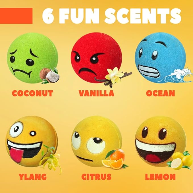 Large Emotion Face Bath Bombs Set of 6 – Fun Emoji-Inspired Spa Fizzies – Handmade with Shea Butter, Cocoa Butter & Essential Oils – Moisturizing Gift Set for Women, Men & Kids (Pack of 2)
