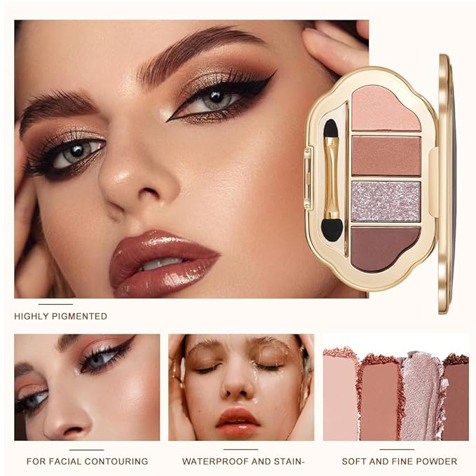 4-Color Eyeshadow Palette, Matte & Shimmer Neutrals, Highly Pigmented & Blendable, Everyday Natural Makeup, Travel-Friendly Compact, Warm Pumpkin Brown