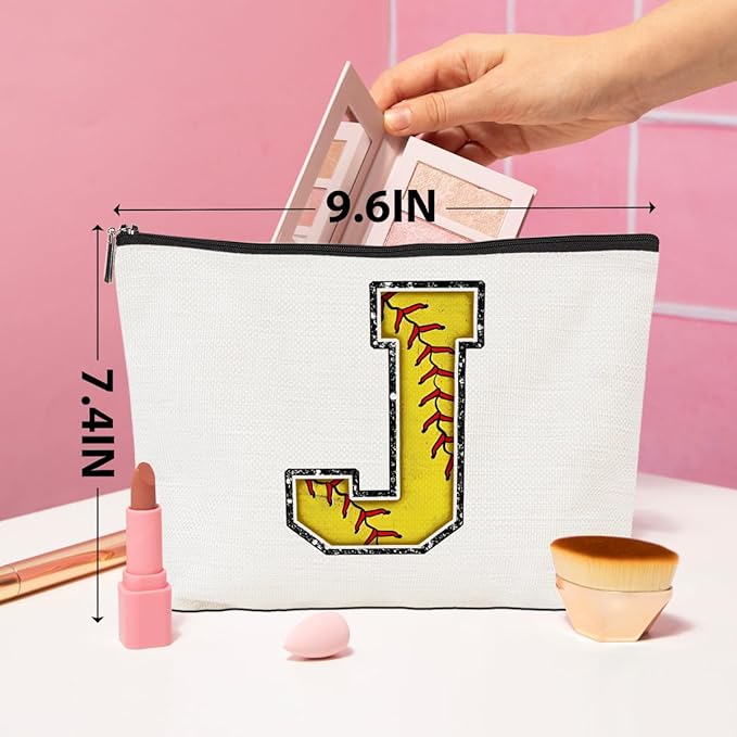 CQM Softball Gifts Initial Makeup Bag Monogrammed Cosmetic Bag Letter J Zipper Pouch Softball Accessories for Girls Women Player Coaches Friend Graduation Birthday Gifts