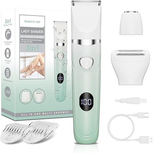 RUIBO Bikini Trimmer for Women, 3-in-1 Painless Electric Razors for Silk Skin, Wet/Dry Body Hair Shaver for Face Nose Eyebrow Arms Armpit Legs Pubic Area, IPX7 Waterproof, Ceramic Blade