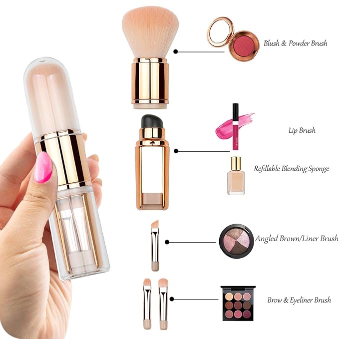 Bling Toman Mini 4 in 1 Makeup Brushes Set,Makeup Sponge,Blush Blending,Eyeshadow,Eyebrow&Liner Lip Face Foundation All-in-One Brushes Travel Makeup Brushes with Silicone Sponge