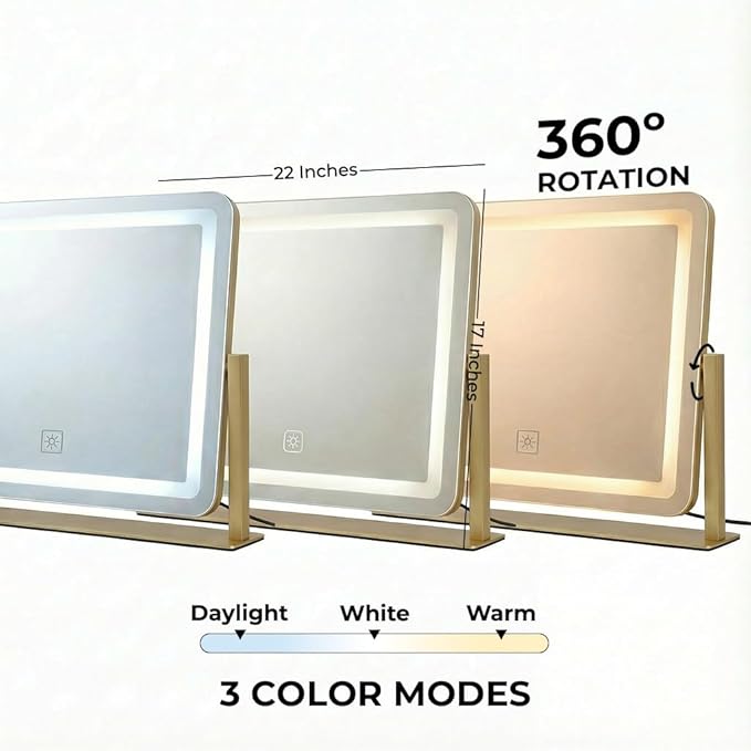 Vanity Mirror with Lights, 22''x17'' Lighted Makeup Mirror, LED Makeup Mirror, Dimmable, Smart Touch with 3-Color Lighting Modes, for Bedroom Tabletop - Gold