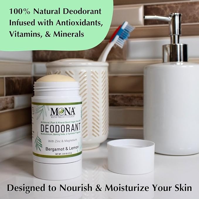 MONA BRANDS All Natural Magnesium Deodorant for Women & Men | Baking Soda & Aluminum Free (Bergamot Lemon) 2.65oz