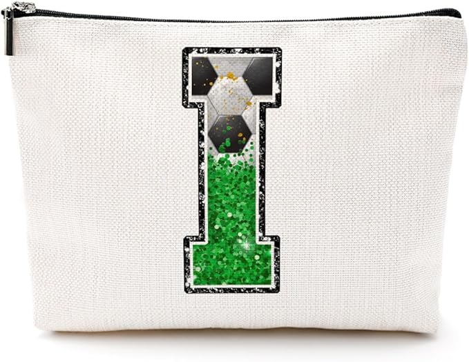 CQM Soccer Gifts Initial Makeup Bag Monogrammed Cosmetic Bag Letter I Zipper Pouch Soccer Accessories for Girls Women Player Coaches Friend Graduation Birthday Gifts