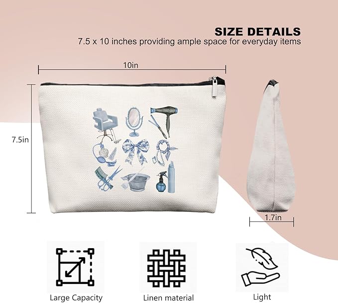EKGJW Blue Chinoiserie Bow Hairstylist Makeup Bag, Cosmetology Student Gift for Women, Cute Hairdresser Travel Pouch, Aesthetic Blue Toile Salon Organizer for Teen Girls, 7.5 x 10 in