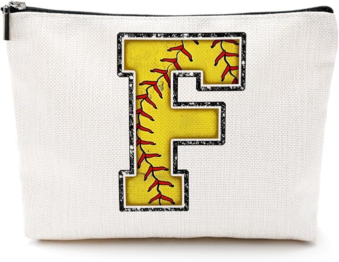 CQM Softball Gifts Initial Makeup Bag Monogrammed Cosmetic Bag Yellow Letter F Zipper Pouch Softball Accessories for Girls Women Player Coaches Friend Graduation Birthday Gifts