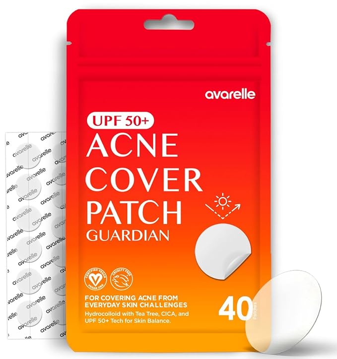 AVARELLE Acne Cover Patch Guardian – Invisible UPF 50+ Daytime Sun Guard Hydrocolloid Pimple Patches with Cica, Tea Tree & Calendula, Smart Acne Patch for Acne-Prone Skin, 40 Count