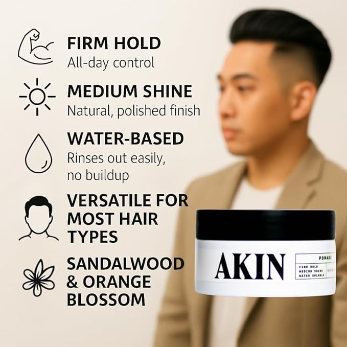 AKIN Official Pomade for Men and Women | Medium Shine Firm Hold | Water Based Flake Free | Easy to Wash Out | 3.3oz Travel Friendly