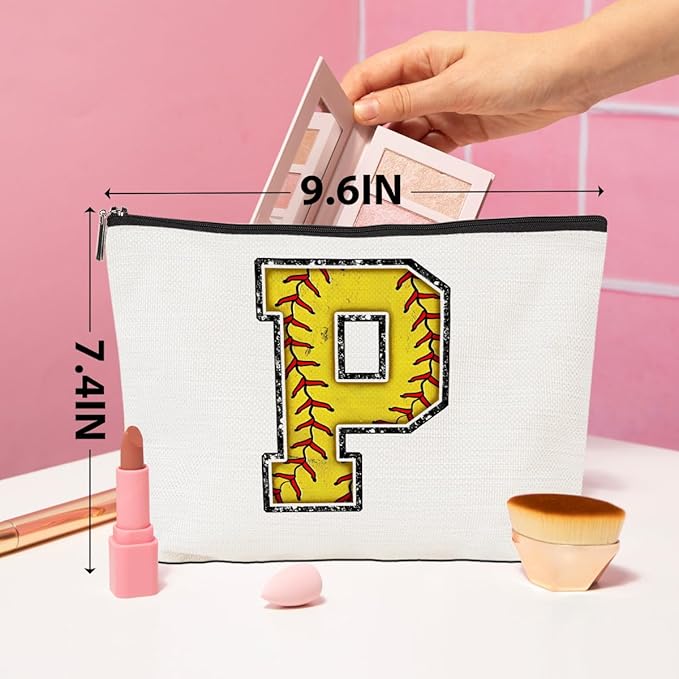 CQM Softball Gifts Initial Makeup Bag Monogrammed Cosmetic Bag Yellow Letter P Zipper Pouch Softball Accessories for Girls Women Player Coaches Friend Graduation Birthday Gifts
