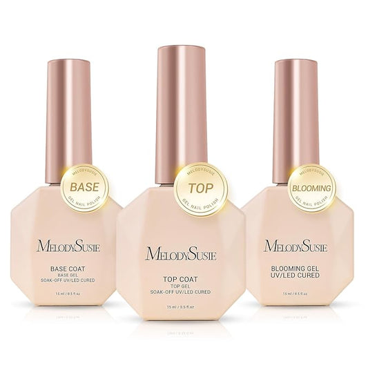 MelodySusie Top Coat Blooming Gel Base Coat No Wipe Glossy Set Long Lasting Shine Finish Soak Off UV LED Nail Lamp Nail Art Design Manicure Kit Perfect Gifts for Women Girls 3 Pcs 15ml Clear