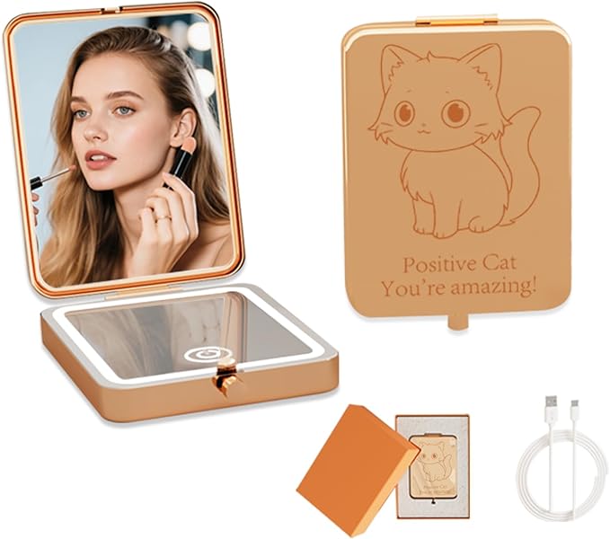 Compact Mirror with Light,1X/3X Magnification LED Pocket Mirror with USB Data Cable,Mini Mirror for Purse Pocket,Travel and Gifts, Small Cute Portable Folding Handheld Mirrors for Women (Cat)