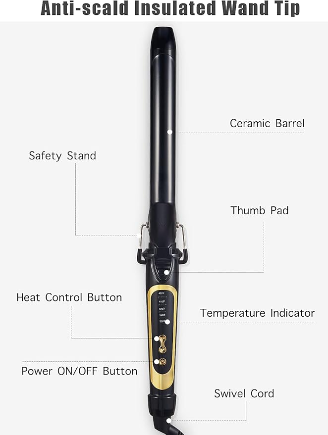 Lanvier 1 Inch Extra Long Hair Curling Iron with Ceramic Tourmaline Barrel, Professional Hair Curler up to 450°F with Dual Voltage for Worldwild Use, Hair Waving Style Tool for Girls&Women–Black