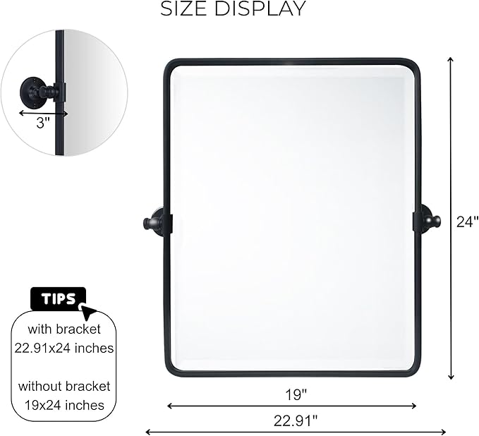 TEHOME Pivot Mirror for Bathroom Matt Black Tilt Beveled Mirror Rectangle Bathroom Mirror Pivoting Metal Framed Vanity Mirrors for Wall, Vertical, Overall 22.91 x 24 inches (Mirrror 19 x 24 inches)