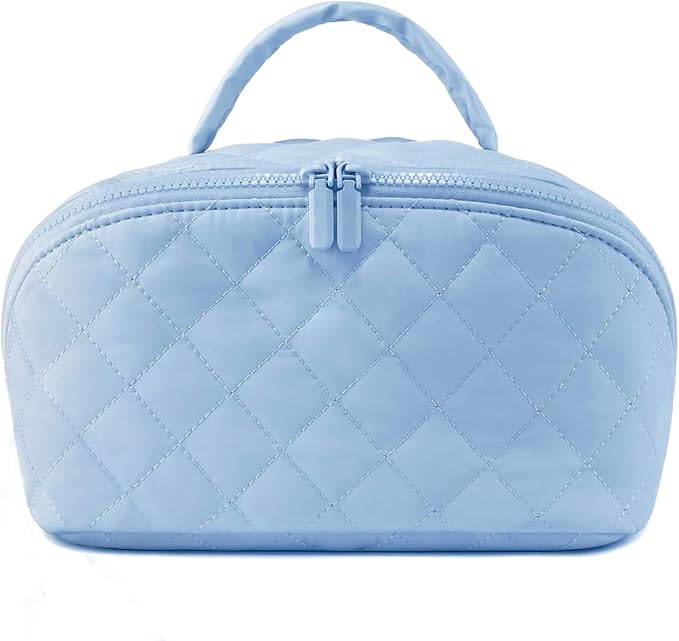 Toiletry Bag for Women, Travel Makeup Bag Flat Lay Open, Wide Open Lay-Flat Water-Resistant Large Cosmetic Case, Puffy Padded Travel Organizer for Toiletries & Brushes Large Capacity with Compartments