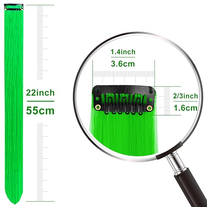 Green Hair Extensions Clip in 14 PCS, 22 In Colored St Patricks Day Party Highlights,Synthetic Long Straight Colorful Hairpieces for Girls Women Kids Cosplay Gift(Neon Green/Forest Green)