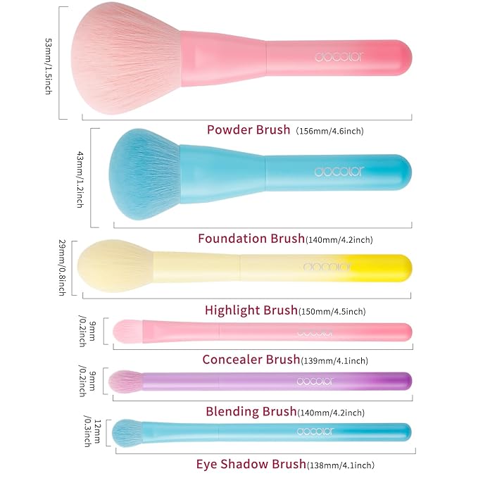docolor 6 Piece Makeup Brush Set for for full face and eye makeup application, for Foundation, Powder, Blush, Contour, Concealer ＆ Eyeshadow, Mini Makeup Brushes Travel Gift Set Cruelty-Free & Vegan