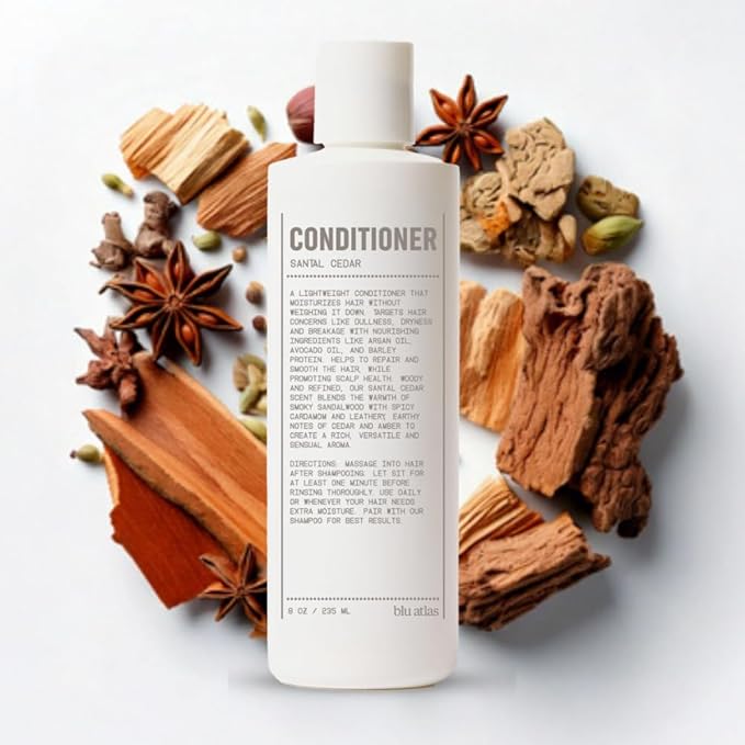 Blu Atlas Men's Natural Conditioner – Organic, Sulfate-Free, Paraben-Free – Deep Moisturizing & Scalp Soothing – Santal Cedar Scent – Made in America – 8 oz