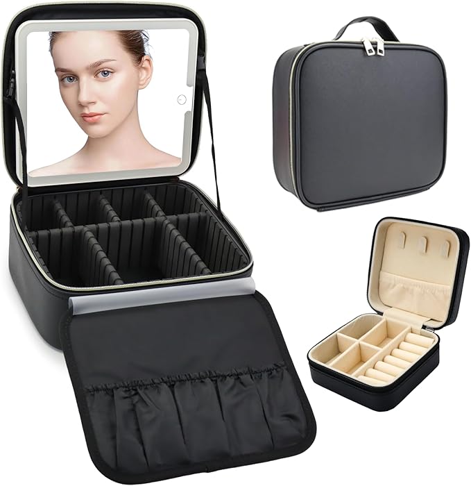 SLUMAZI Travel Makeup Bag with LED Mirror with 3 Lighted Settings, Adjustable Dividers, Makeup Brush Storage Bag and Jewelry Case Black